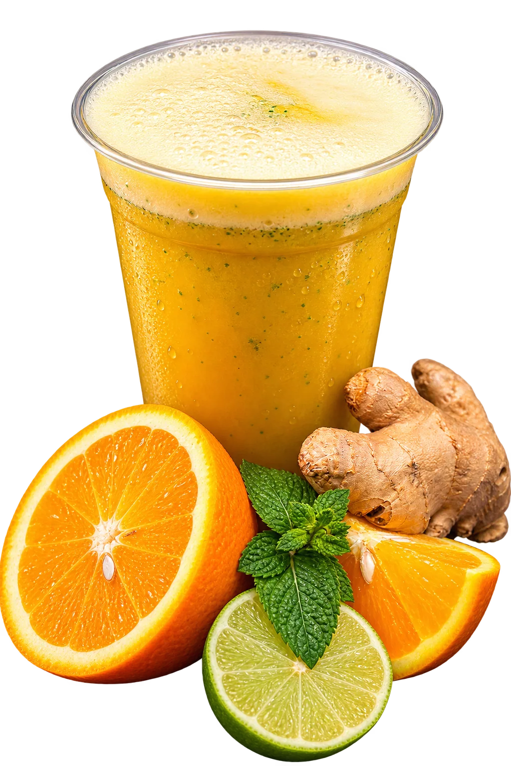 Frisk juice med appelsin, ingefær, mynte og lime
